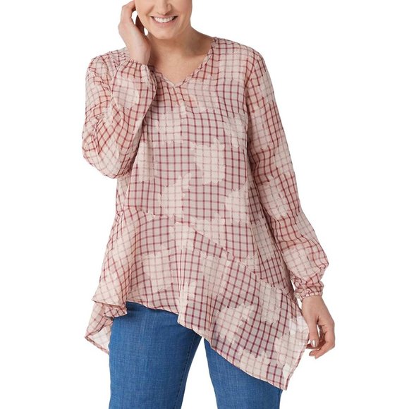 LOGO by Lori Goldstein Tops - LOGO by Lori Goldstein Women's Plus Printed Burnout Sheer Woven Blouse Size 1X